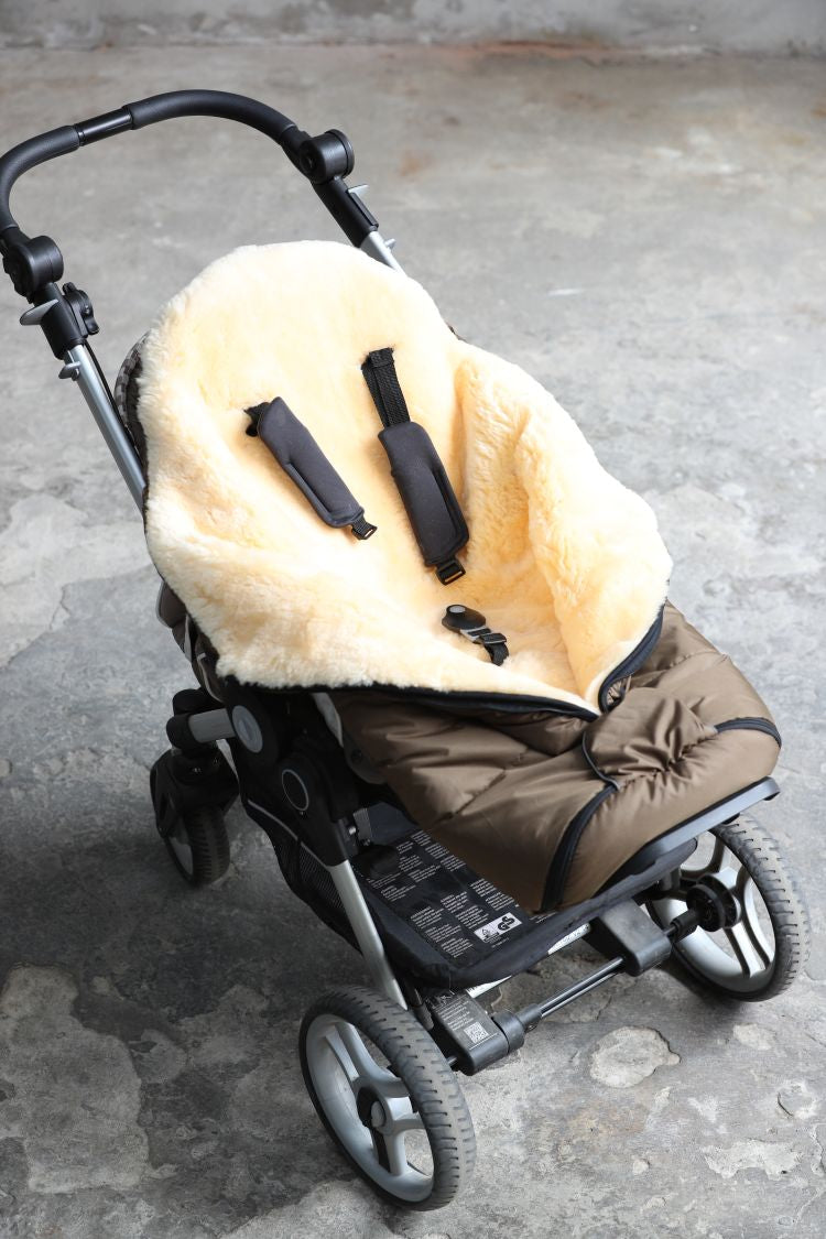 Premium Baby- Kinderwagenfußsack mit Lammfell (Champagner-Gold, Olive, Schlamm, Anthrazit, Dunkelblau oder Schwarz)