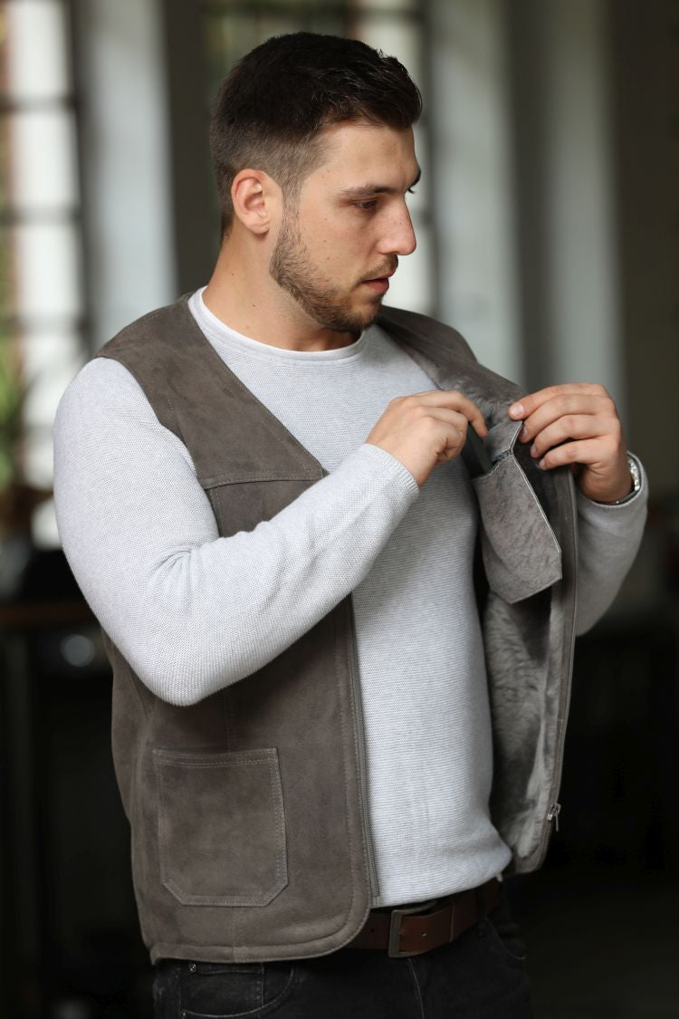Lammfellweste - Gregor - mit Innentasche grau